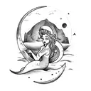 A beatiful mermaid sitting in a rock in the middle of the ocean with a crescent moon behind her tattoo design idea