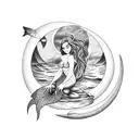 A beatiful mermaid sitting in a rock in the middle of the ocean with a crescent moon behind her tattoo design idea