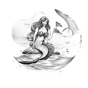 A beatiful mermaid sitting in a rock in the middle of the ocean with a crescent moon behind her tattoo design idea