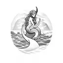 A beatiful mermaid sitting in a rock in the middle of the ocean with a crescent moon behind her tattoo design idea