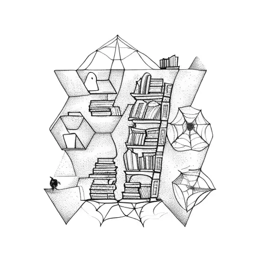 A dotwork tattoo of a bookshelf filled with sci-fi and fantasy novels, with a climber scaling the shelves and a spiderweb spanning across them. tattoo design idea
