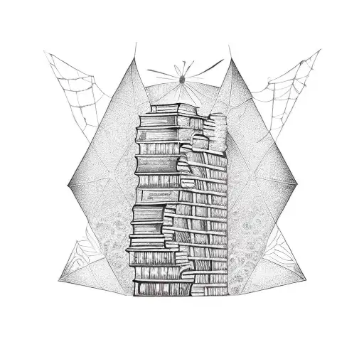 A dotwork tattoo of a bookshelf filled with sci-fi and fantasy novels, with a climber scaling the shelves and a spiderweb spanning across them. tattoo design idea