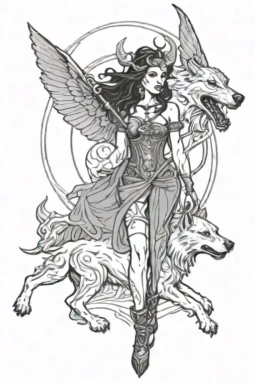 Hecate with hell hound tattoo design idea