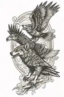 howling wolf and flying hawk soaring tattoo design idea