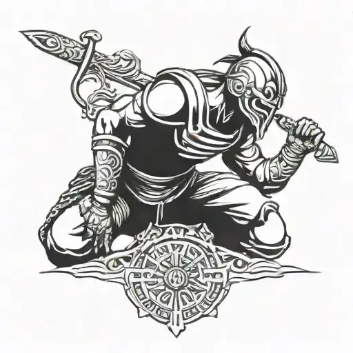 a warrior kneeling with a sword  tattoo design idea