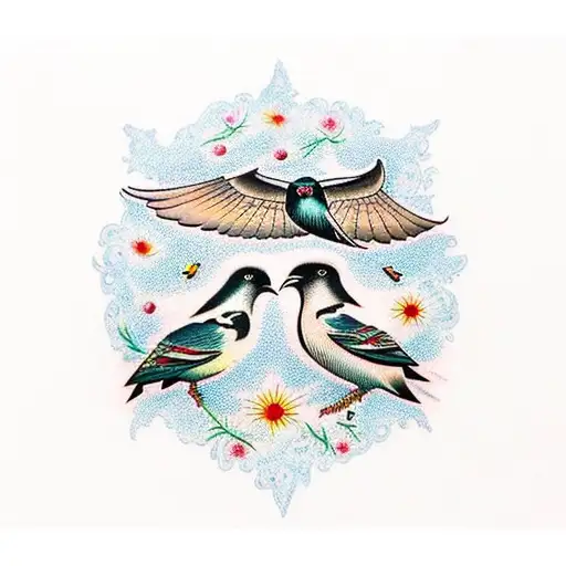 An intricate traditional tattoo showcasing a flock of birds, including Australian magpies and British magpies, flying in harmony tattoo design idea