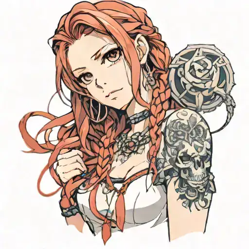 A beautiful girl with red hair and a red braid in her hands tattoo design idea