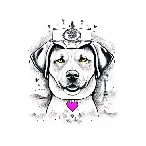 half sleeve colored women and black dog Labrador walking in the down of the Eiffel Tower tattoo design idea