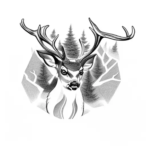 A sinister deer emerging from a dark forest tattoo design idea