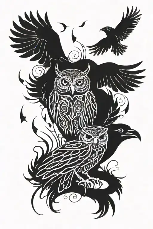 shamanic owl and raven and nordic and pagan and whale tattoo design idea