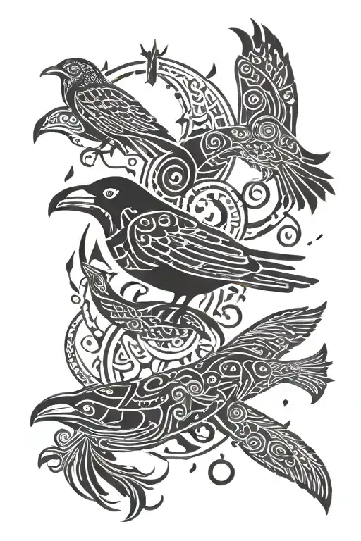 shamanic symbols of raven and owl and whale swimming tattoo design idea