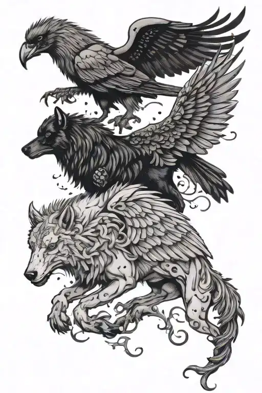 two ravens a Wolf a worm and a 8 legged horse tattoo design idea