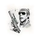 guy with nun mask and ar15 from the movie town, tommy vercetti from gta Vice city, bullets and money  tattoo design idea