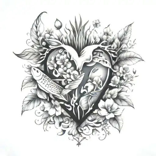 the love of a father for his wife and 2 x daughters, Centered within a human heart, Surrounded by plants and fish tattoo design idea