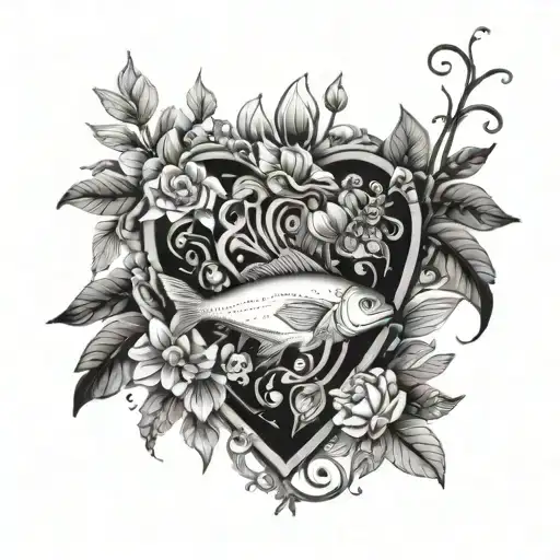the love of a father for his wife and 2 x daughters, Centered within a human heart, Surrounded by plants and fish tattoo design idea