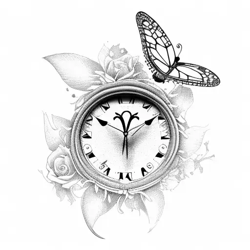 Clock with butterflies and roses tattoo design idea