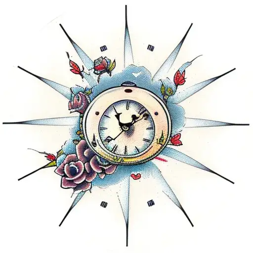 Clock with butterflies and roses tattoo design idea