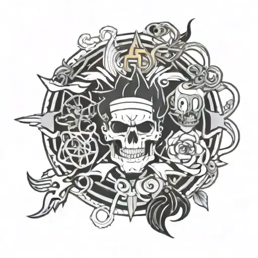 A tattoo design combining the iconic symbols of BTS, Ace, and Gojo Satoru from Jujutsu Kaisen in a visually captivating way tattoo design idea