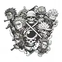 Combine elements from BTS, One Piece, Jujutsu Kaisen, and Kimetsu no Yaiba to create a unique crossover tattoo design tattoo design idea