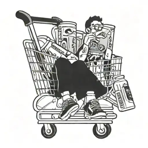 A person with apathy sitting in a shopping cart filled with energy drinks tattoo design idea