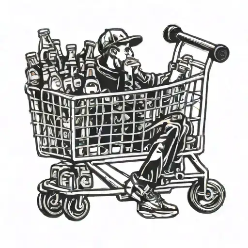 A person with apathy sitting in a shopping cart filled with energy drinks tattoo design idea