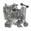 A person with apathy sitting in a shopping cart filled with energy drinks tattoo design idea
