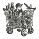 A person with apathy sitting in a shopping cart filled with energy drinks tattoo design idea