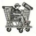 A person with apathy sitting in a shopping cart filled with energy drinks tattoo design idea