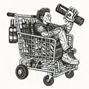 A person with apathy sitting in a shopping cart filled with energy drinks tattoo design idea
