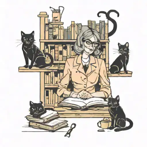 A spooky Halloween scene with a librarian surrounded by books and black cats tattoo design idea