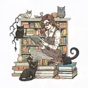 A spooky Halloween scene with a librarian surrounded by books and black cats tattoo design idea