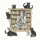 A spooky Halloween scene with a librarian surrounded by books and black cats tattoo design idea