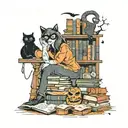 A spooky Halloween scene with a librarian surrounded by books and black cats tattoo design idea