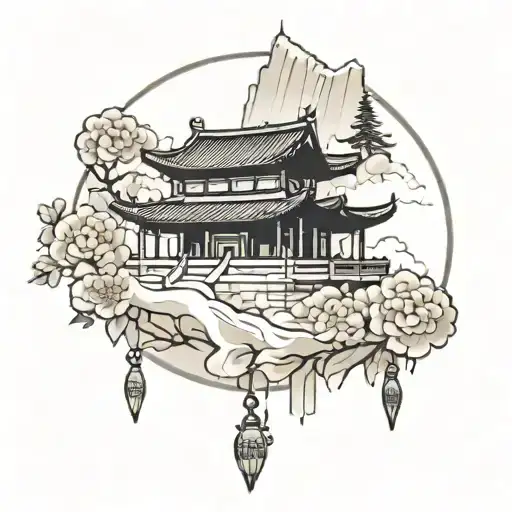 A neotraditional tattoo of a Korean palace with a modern twist, incorporating elements of your favorite historical era. tattoo design idea