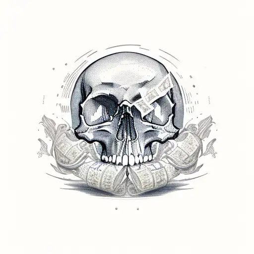 skull with 100$ bills coming out its mouth  tattoo design idea