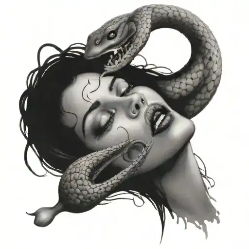 imperfect woman drowning with a cobra coiled around her and fear in her eyes tattoo design idea