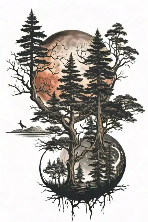 Blood moon forest scene tattoo design idea