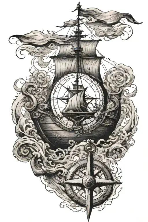 There is a viking ship in the waves of the sea and at the bottom of the image there is an old compass and a large anchor tattoo design idea