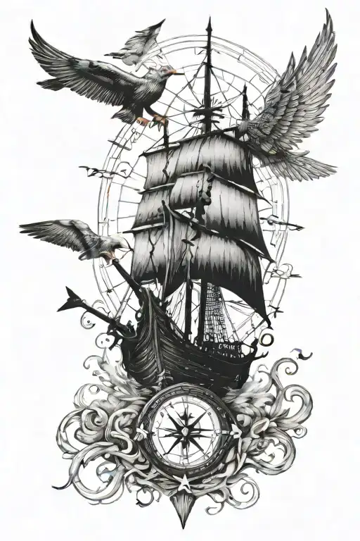 vertical A viking ship with birds flying over it and an old compass and anchor at the bottom tattoo design idea