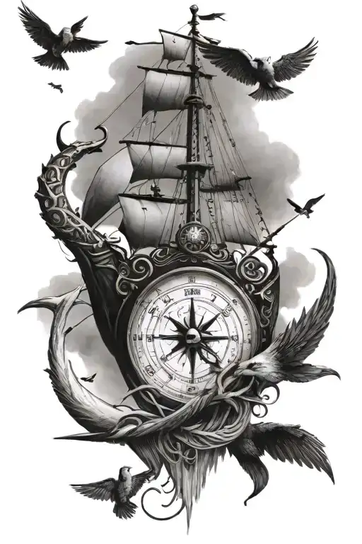  A viking ship with birds flying over it and an old compass and anchor at the bottom tattoo design idea