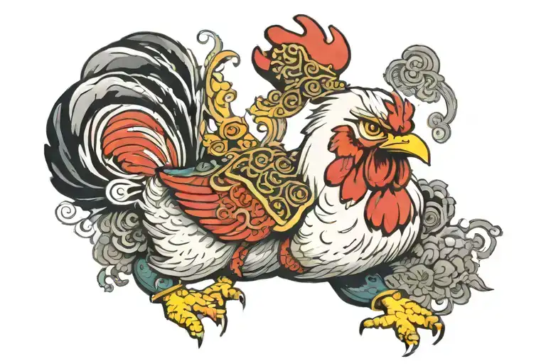 Chicken dressed as chinese warrior meditating tattoo design idea