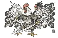 Chicken dressed as warrior wielding a sword tattoo design idea