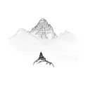 a buddhist temple, ama dablam mountain, realistic tattoo design idea