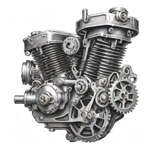 Create a detailed tattoo of a motorcycle engine with gears and pistons in a black-grey style tattoo design idea