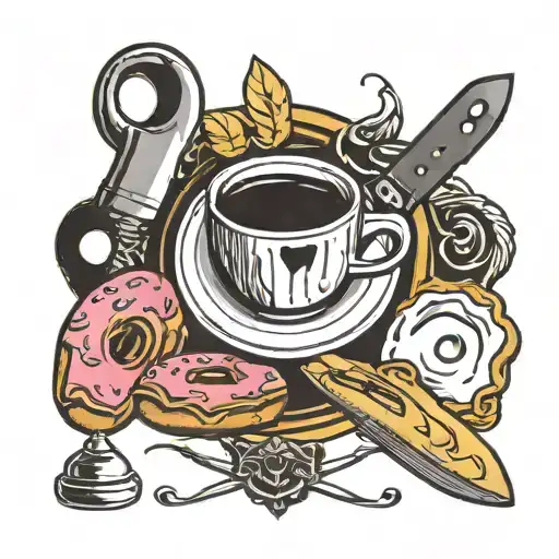 coffee, donut, chefs knife tattoo design idea