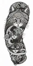 siberian cat exploring a world map with virgo zodiac sign wiht leo zodiac sign whit travel sign and stock exchange sing  tattoo design idea