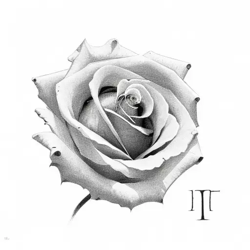 A minimalist design showcasing a single rose with Roman numerals hidden within its petals, accompanied by a small tiger silhouette. tattoo design idea