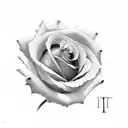 A minimalist design showcasing a single rose with Roman numerals hidden within its petals, accompanied by a small tiger silhouette. tattoo design idea
