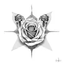 A minimalist design showcasing a single rose with Roman numerals hidden within its petals, accompanied by a small tiger silhouette. tattoo design idea