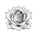 A minimalist design showcasing a single rose with Roman numerals hidden within its petals, accompanied by a small tiger silhouette. tattoo design idea
